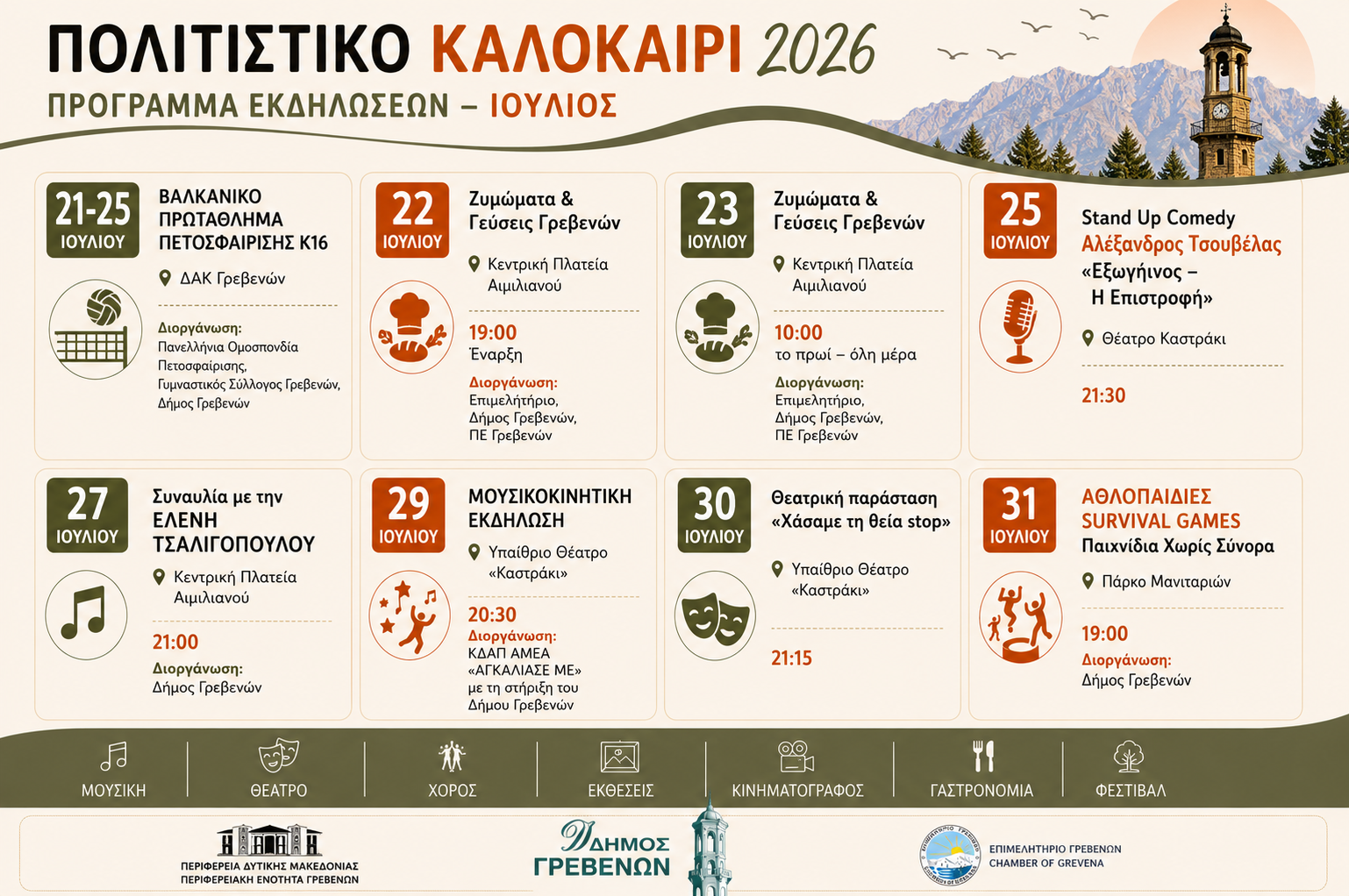 ΠΟΛΙΤΙΣΤΙΚΟ ΚΑΛΟΚΑΙΡΙ 2026: Ο «Αλωνάρης» γεμίζει τα Γρεβενά με αθλητισμό, μουσική, γαστρονομία και θέατρο.